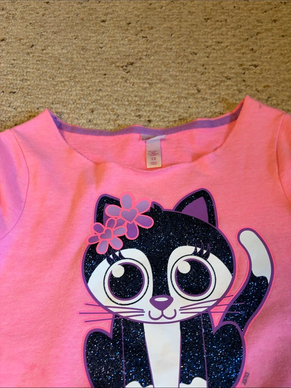 Justice Kids Girls Pink Long-Sleeve Cat Graphic Sweatshirt